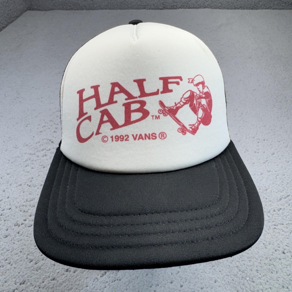 Vintage VANS Hat Cap Snap Back Black Mesh Trucker Half Cab 1992 90s Logo Mens